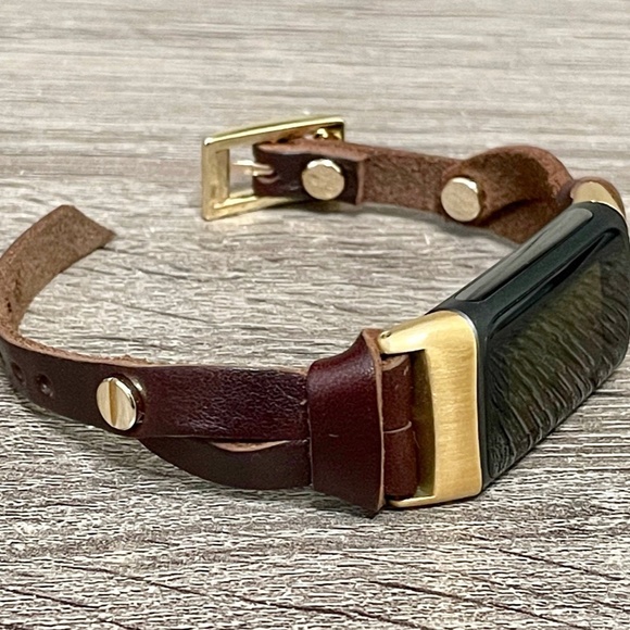 Dark Brown Slim Leather Strap Gold Fitbit Charge 5 Band Women Delicate Bracelet - Picture 2 of 8